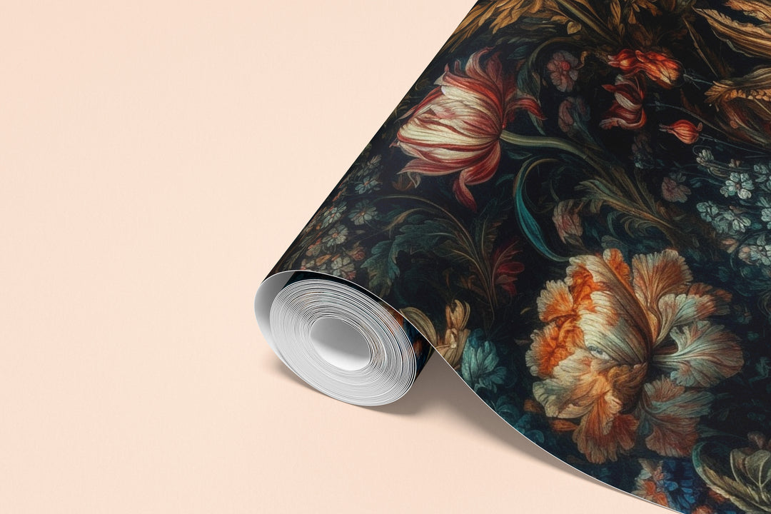 Dahlia Wallpaper Red & Cream Vintage Floral Pattern roll wallpaper sample.