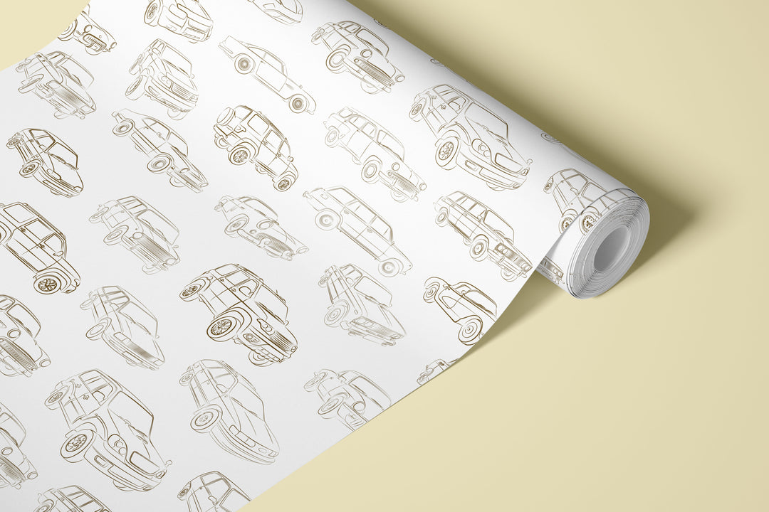 Rolled white vintage car wallpaper with brown line art classic vehicle illustrations and retro automotive pattern
