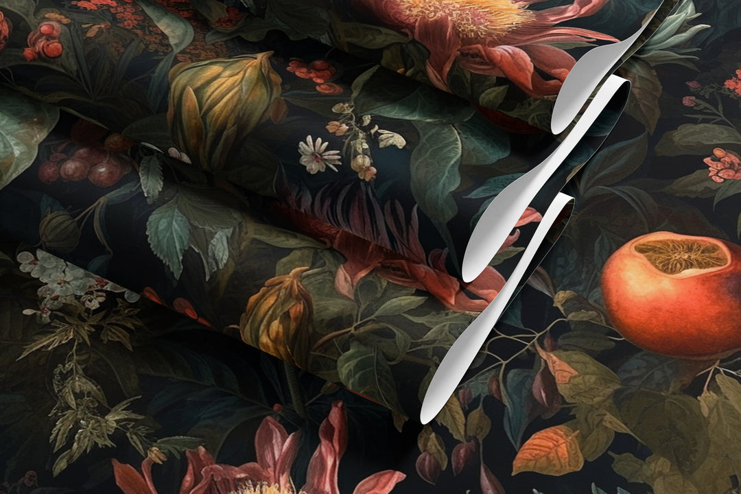 Dark botanical wallpaper with orange fruit, red flowers, and lush green foliage shown on multiple rolled wallpaper sheets.