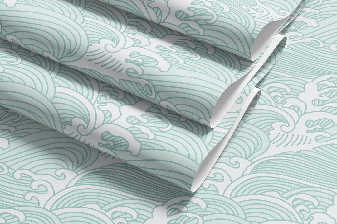 Layered light aqua Japanese wave wallpaper featuring a traditional ocean pattern