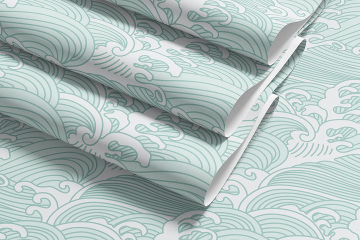 Layered light aqua Japanese wave wallpaper featuring a traditional ocean pattern