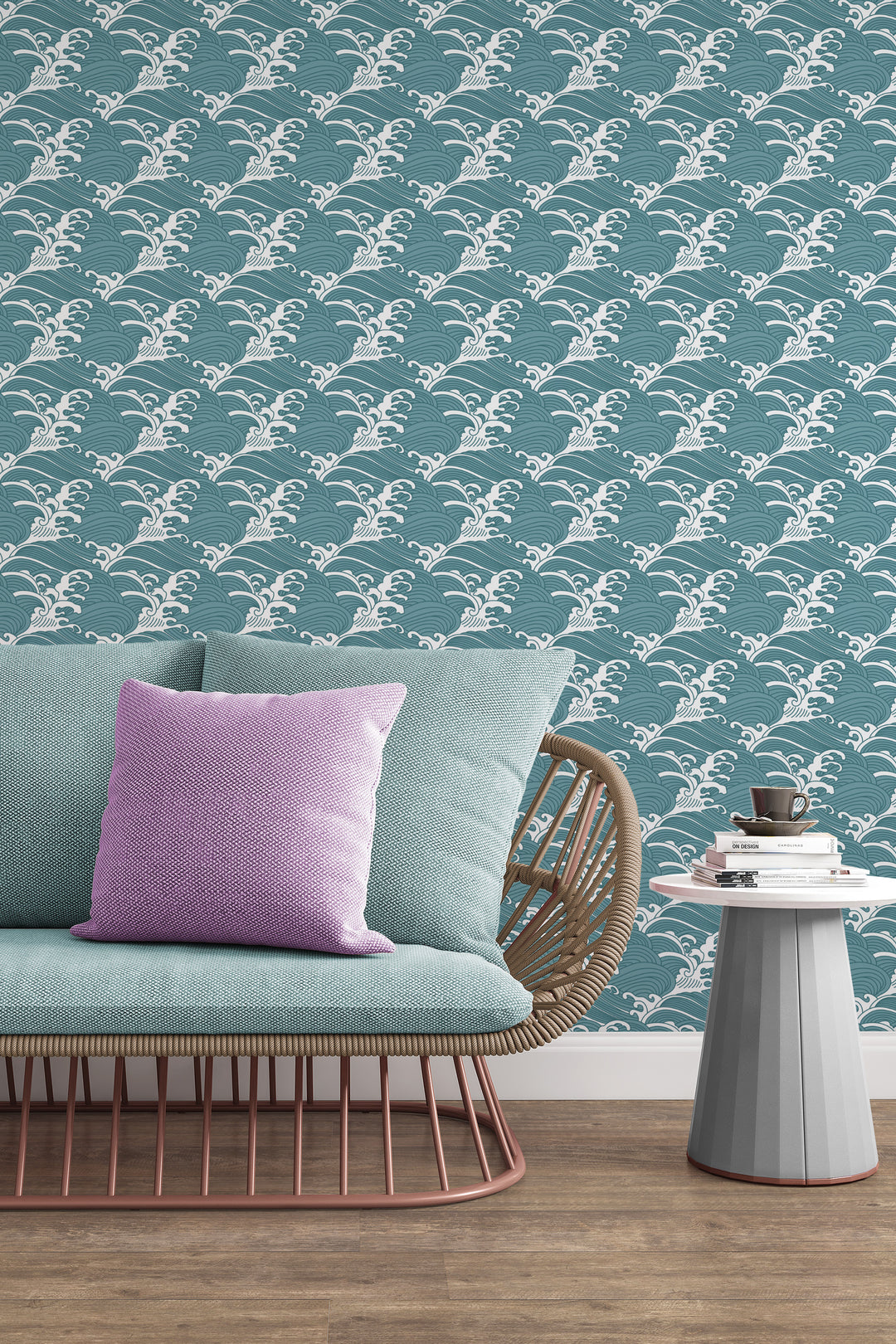 Living room with teal blue Japanese wave wallpaper featuring a bold traditional ocean pattern and modern decor