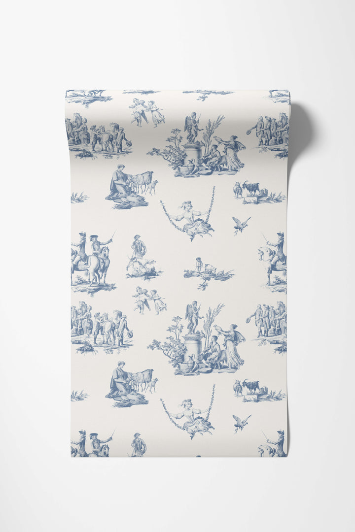 Vintage French Toile Wallpaper 3760 – Blue Pastoral Toile de Jouy