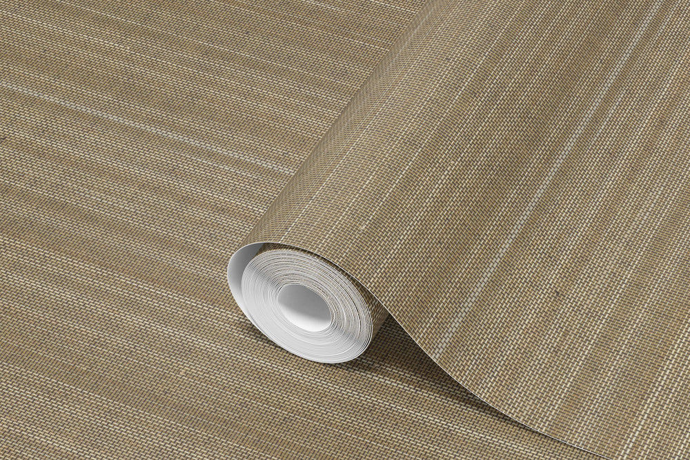 Roll of Faux Abaca Wallpaper in warm light brown woven texture with natural grasscloth pattern.