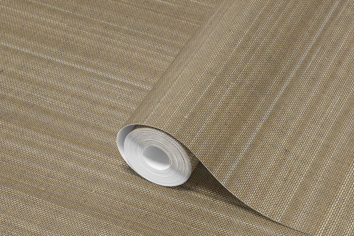 Roll of Faux Abaca Wallpaper in warm light brown woven texture with natural grasscloth pattern.
