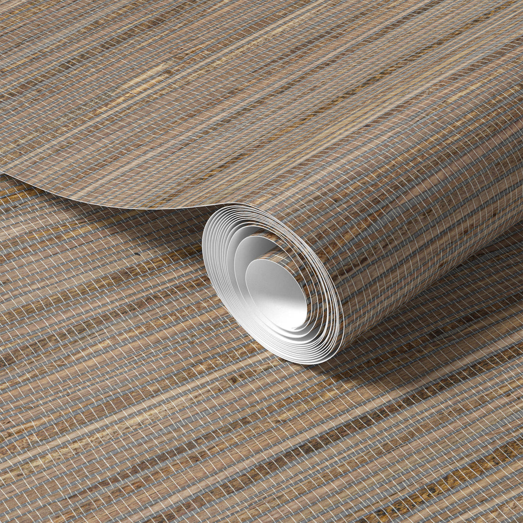 Roll of Faux Hemp Wallpaper in Wood-Inspired woven texture featuring natural brown tones and subtle linear grasscloth pattern.