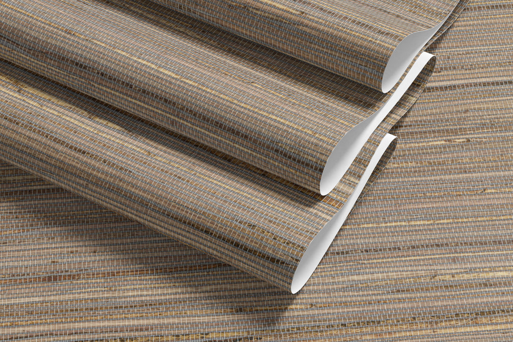 Roll of Faux Hemp Wallpaper in Wood-Inspired woven texture with natural brown tones and subtle grasscloth linear pattern.