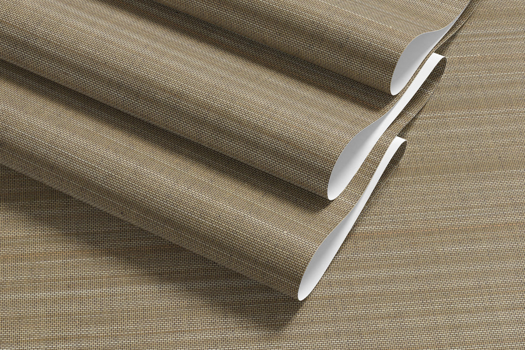 Roll of Faux Abaca Wallpaper in warm light brown woven texture with natural grasscloth-inspired pattern.