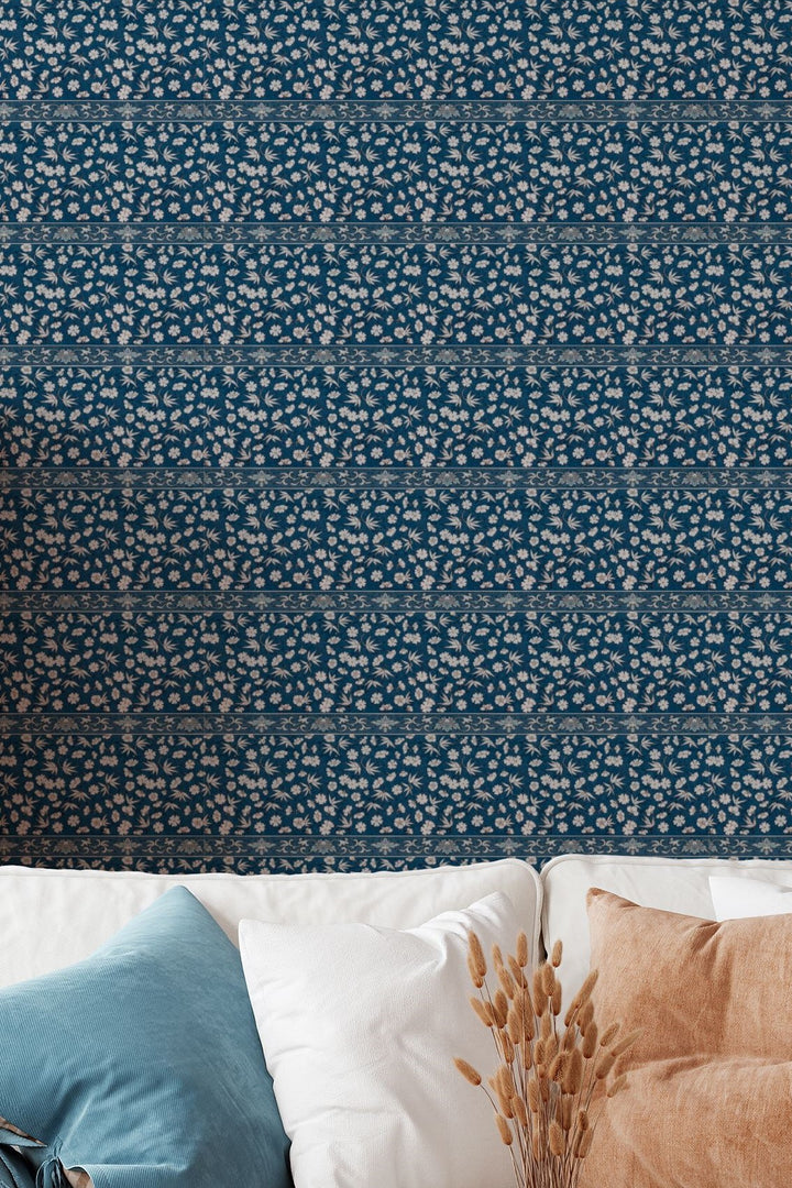 Indigo Floral Stripe Wallpaper Traditional Botanical Design 3765