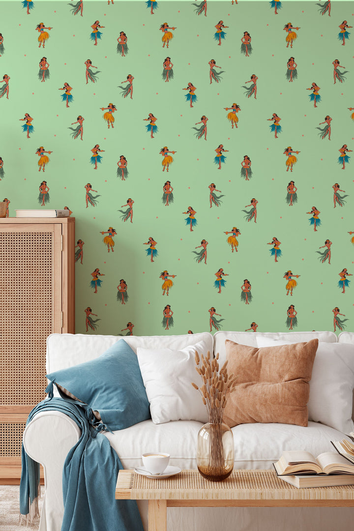 Hawaiian Dancers On Light Green Background 3712