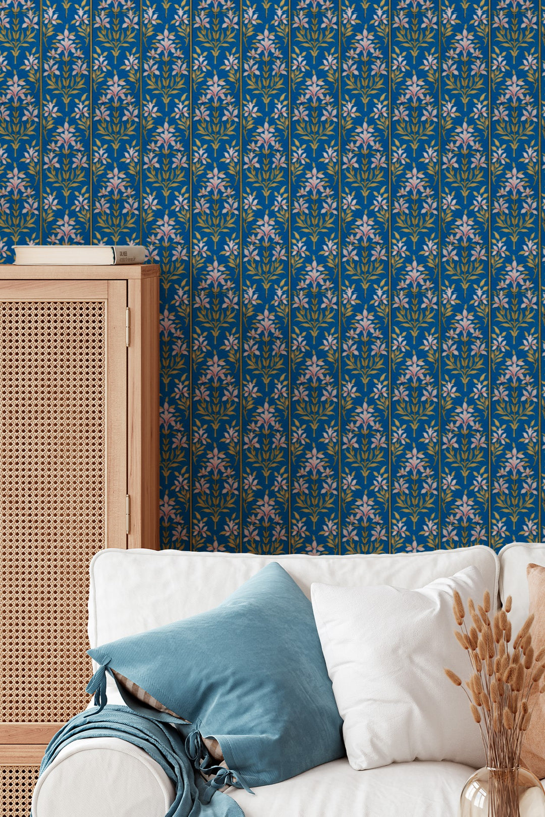 Blue Floral Stripe Wallpaper Elegant Botanical Vine 3772