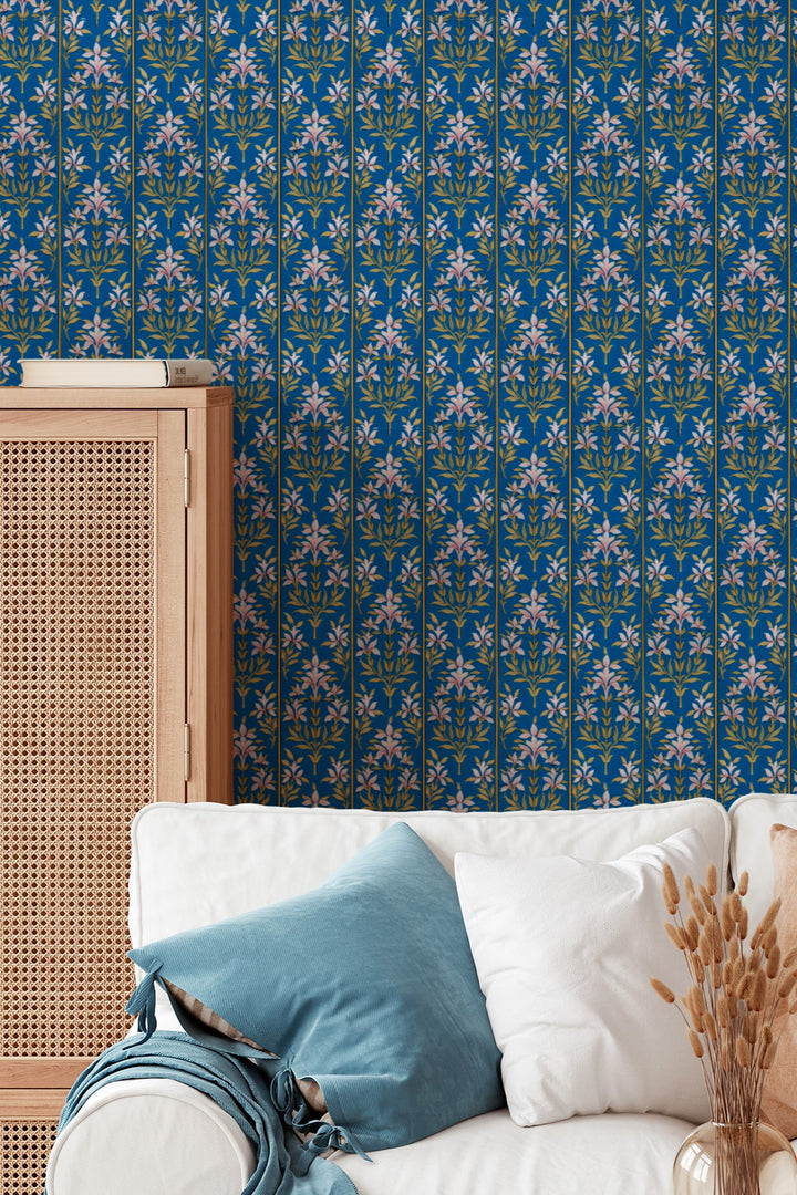Blue Floral Stripe Wallpaper Elegant Botanical Vine 3772