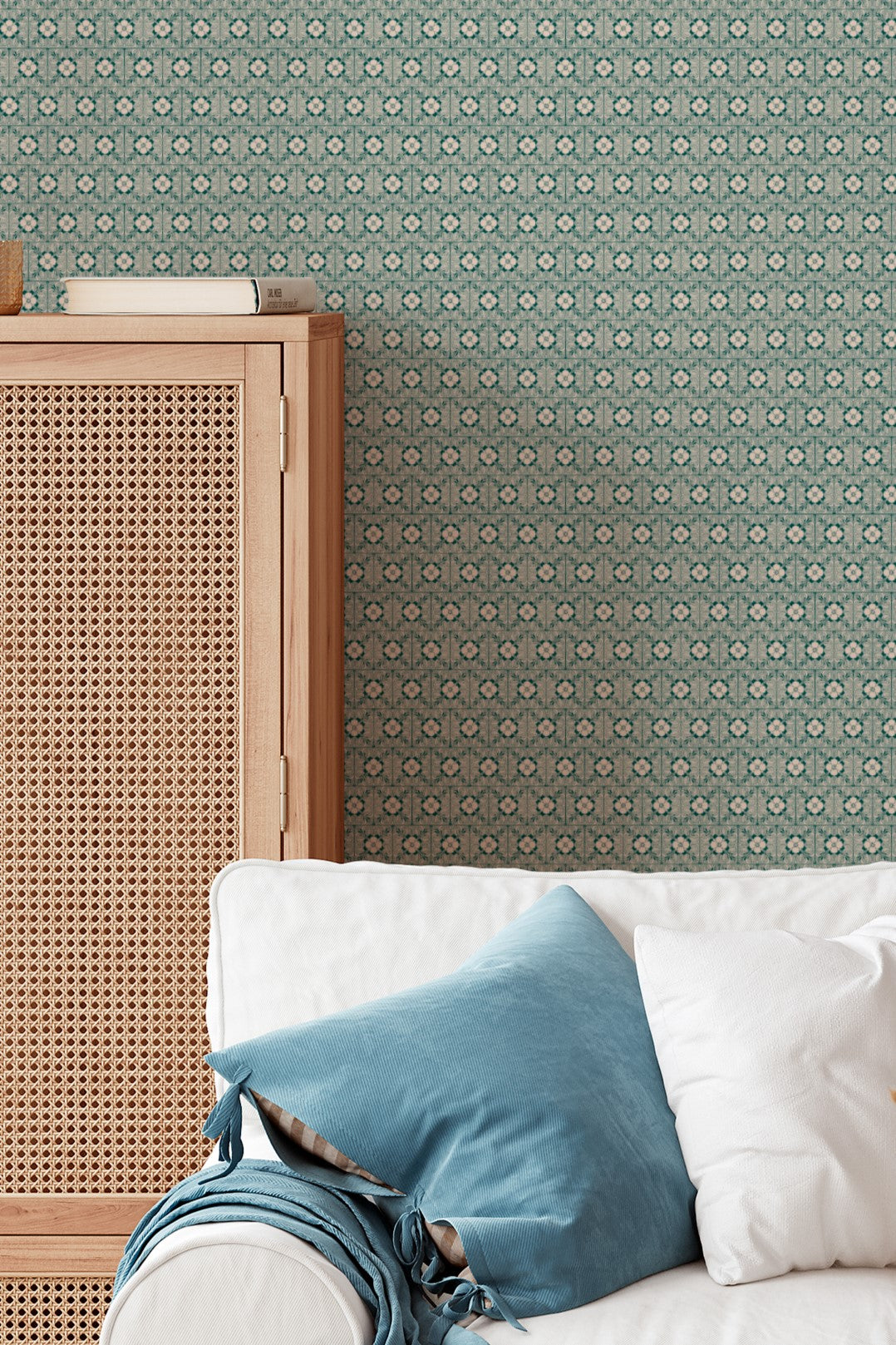 Mini Floral Tile Wallpaper Soft Green Geometric 3766
