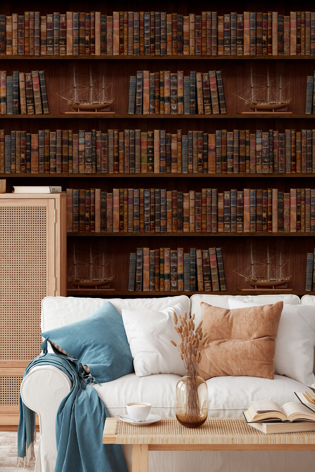 Wallpaper Shelves filled with books and model ships in a library setting