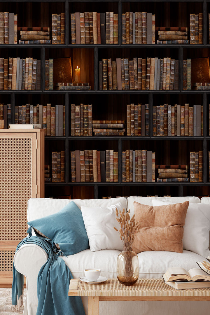 Vintage Library Panel Wallpaper with Candlelight – Framed Bookshelf 3785