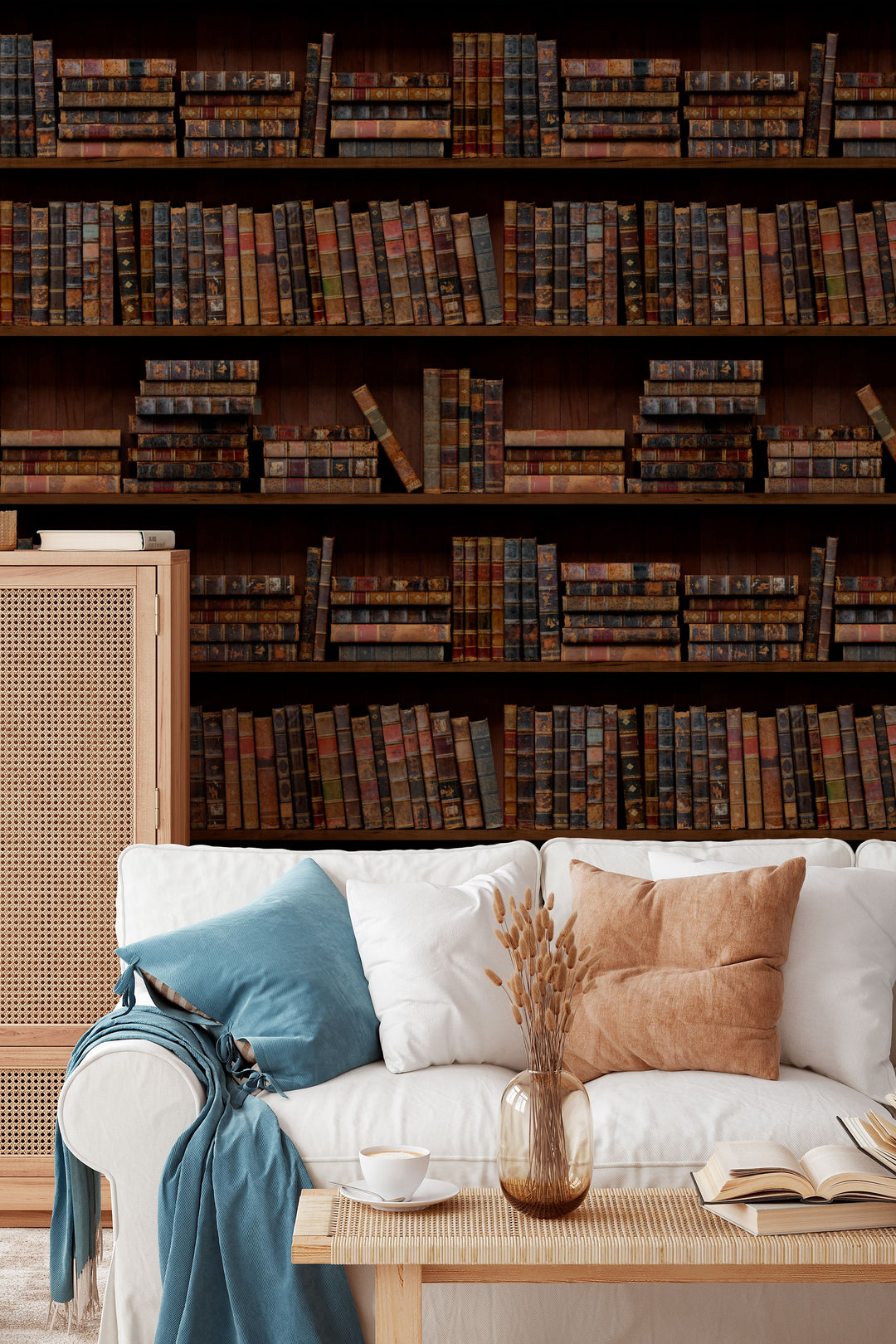 Bookshelf filled with vintage books in a dark setting