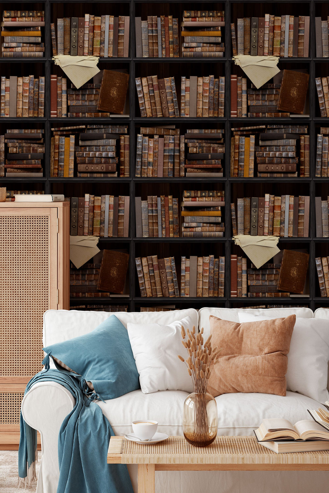 Wall with a pattern of books and triangular flags