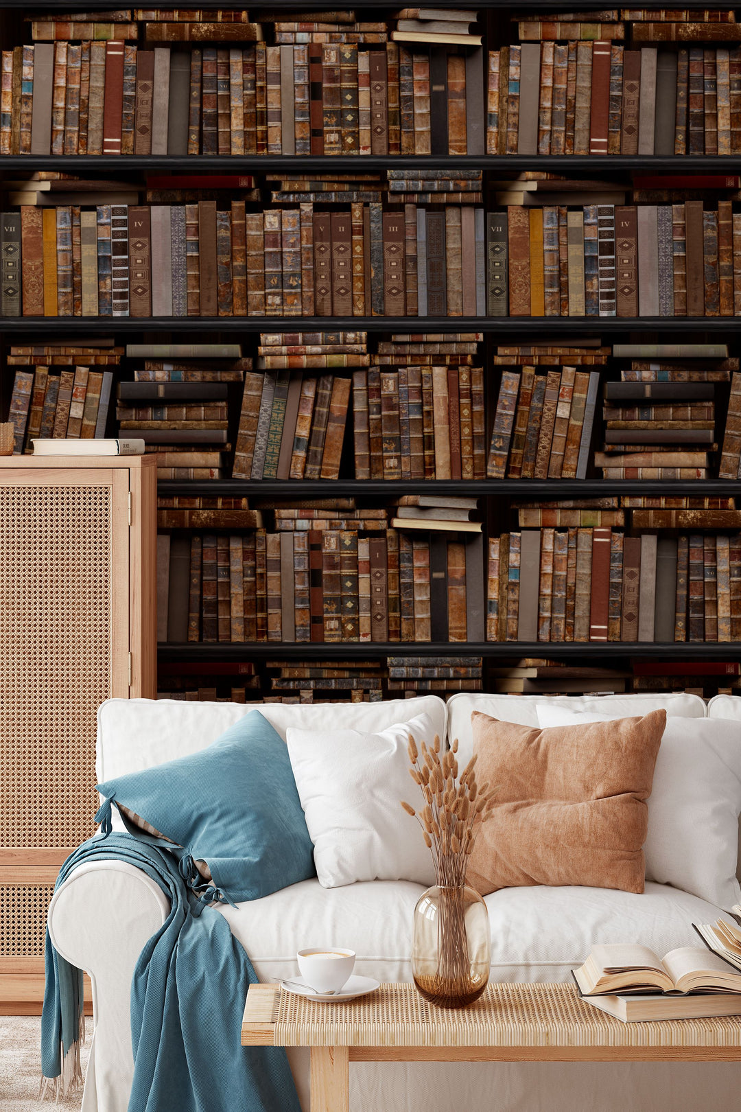 Shelves filled with books of various sizes and colors.
