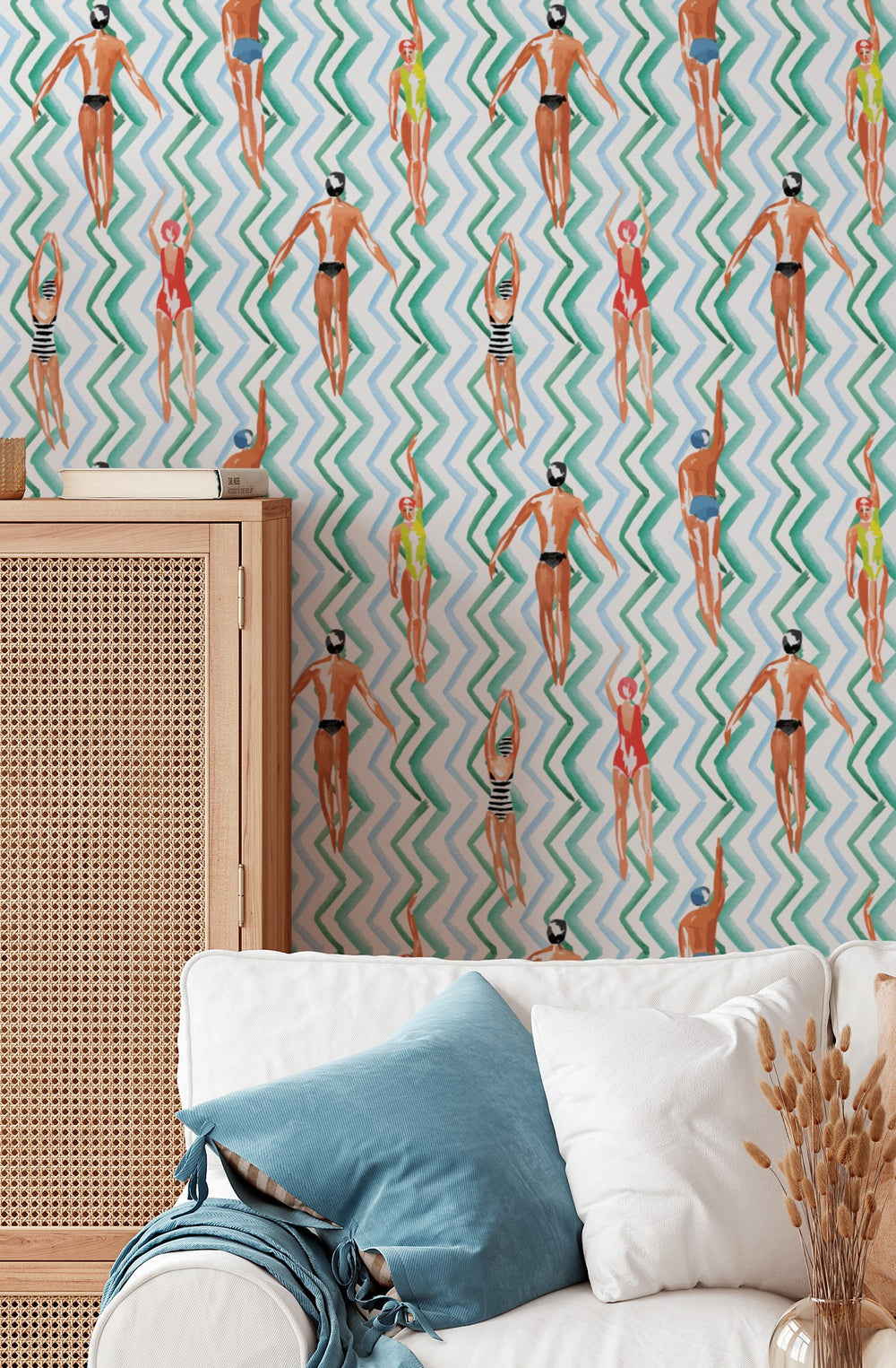 Vintage Swimmers Waves Wallpaper  Retro Poolside Pattern 3790