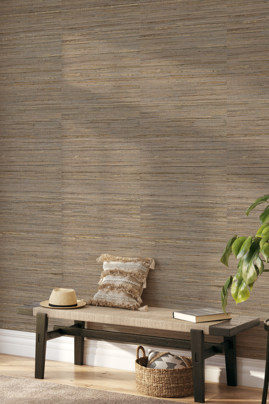 Entryway bench with woven cushion, decorative pillow, straw hat, storage basket, and indoor plant against Faux Hemp Wallpaper in Wood-Inspired Woven Texture.