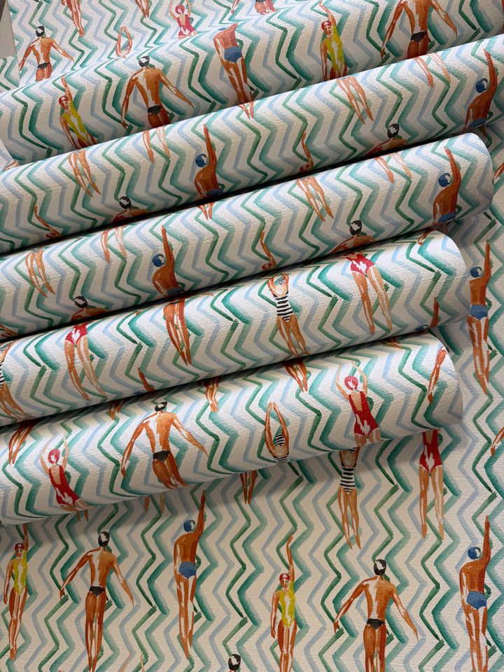 Vintage Swimmers Waves Wallpaper – Retro Poolside Pattern 3790