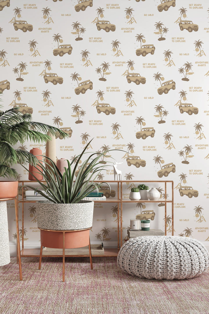 Neutral safari jeep wallpaper with brown adventure illustrations in a modern living space with plants and cozy decor