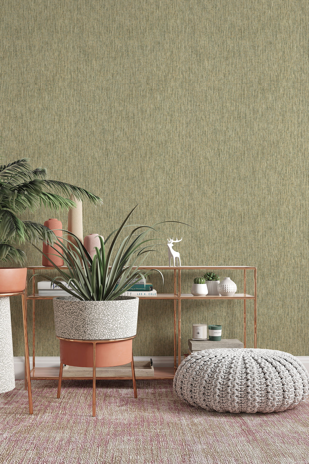 Plant-filled room with console table and pouf against faux paper weave wallpaper in natural beige and muted olive green woven texture