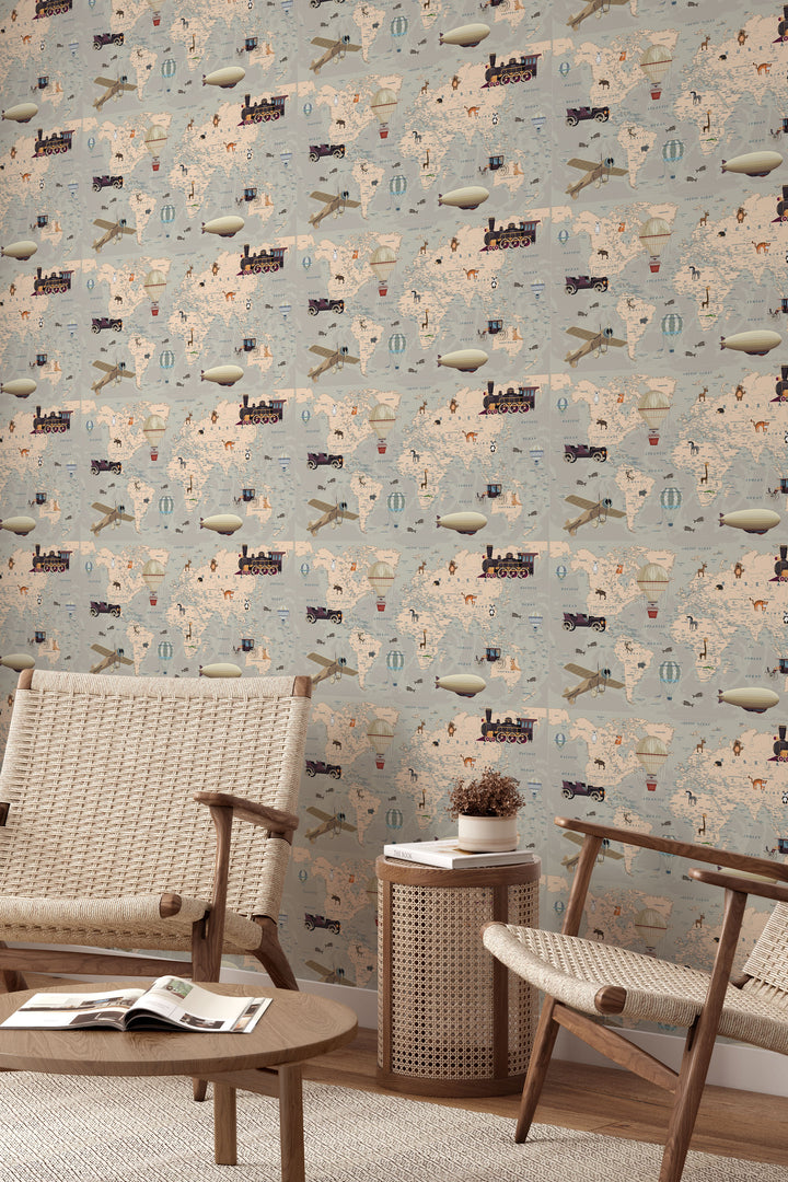 Neutral world map wallpaper with vintage travel illustrations, airplanes, hot air balloons, and adventure details in a cozy living room