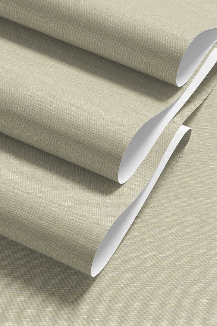 Faux abaca grasscloth wallpaper with natural woven fiber texture and soft horizontal tonal variation. Beige wallpaper roll with a silver tool on a matching background