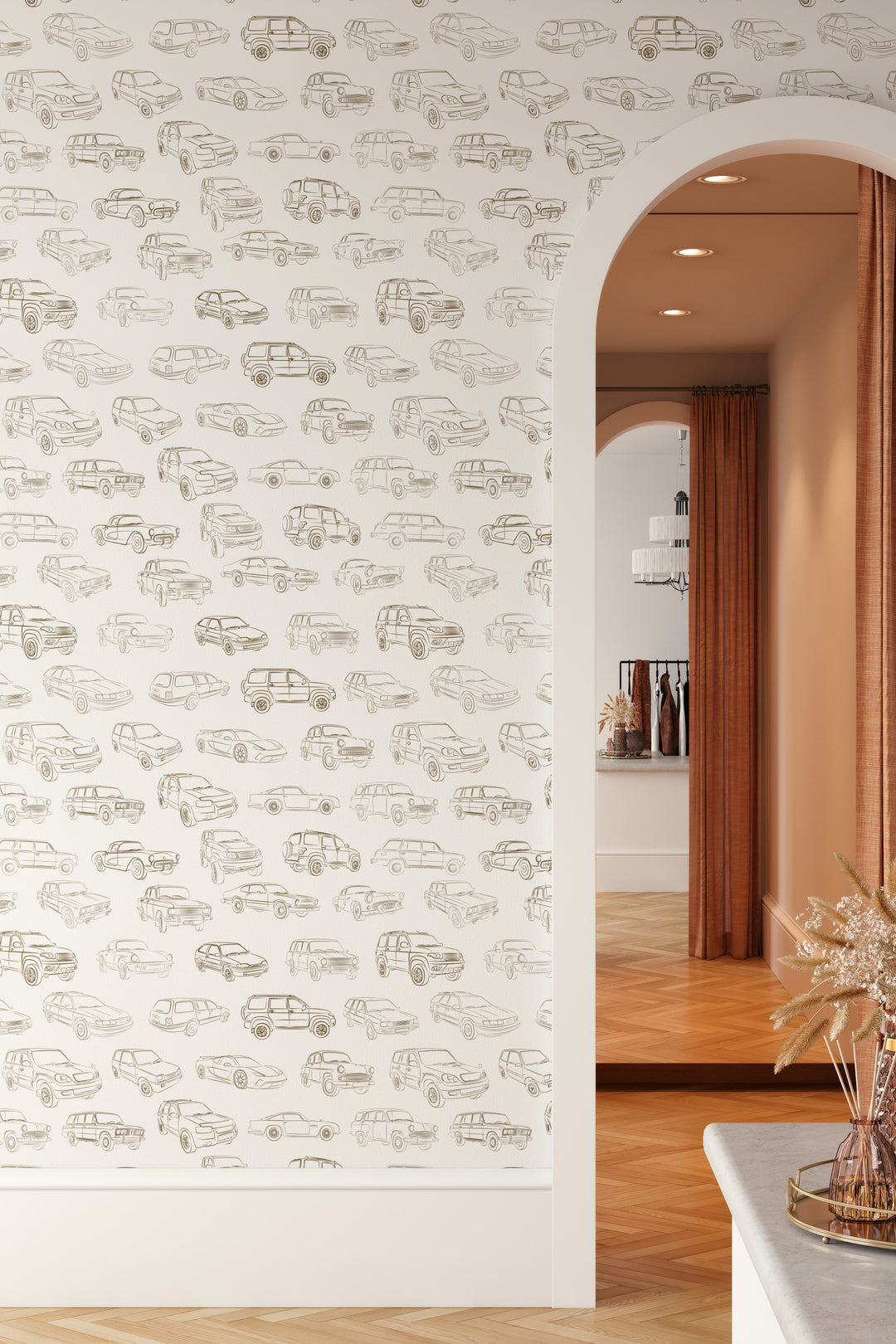 Neutral vintage car wallpaper with brown line art classic vehicle illustrations in a modern interior with arched doorway