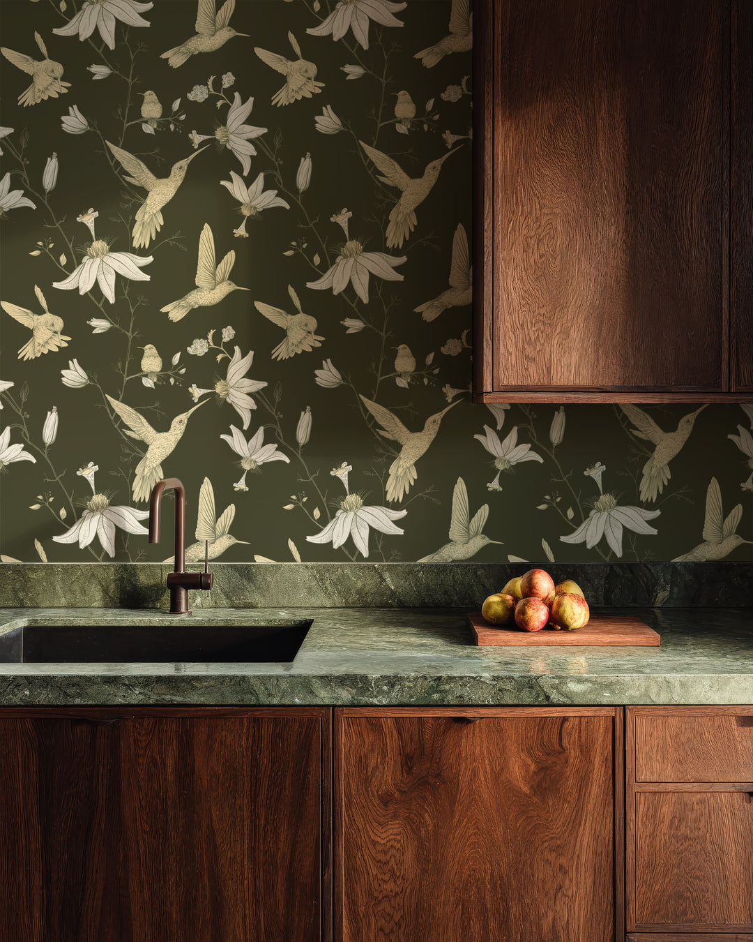 Kitchen with olive green hummingbird wallpaper featuring a botanical floral bird pattern and dark wood cabinetry