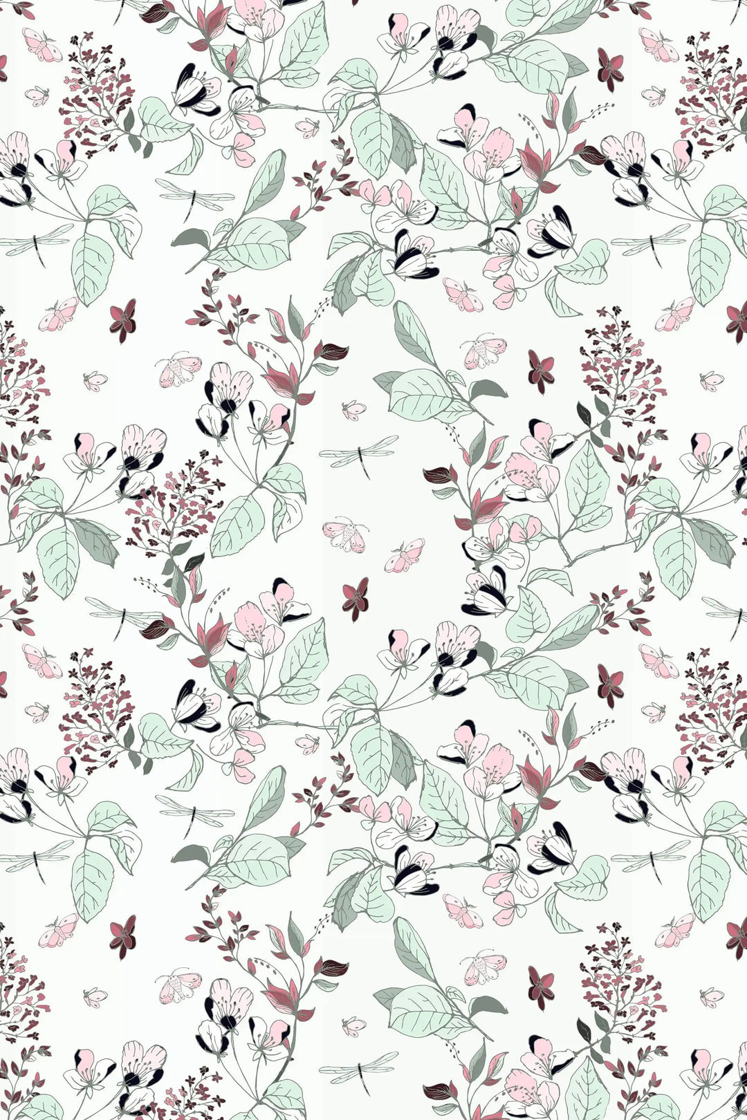 Apple flowers wallpaper with butterflies and dragonflies