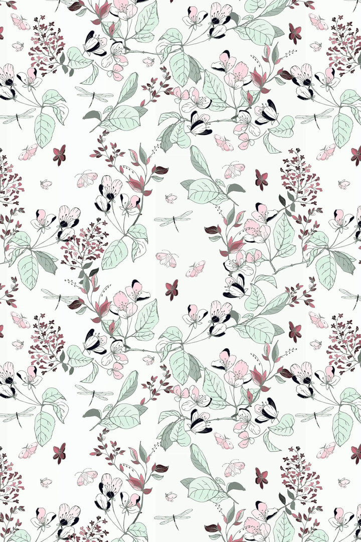 Apple flowers wallpaper with butterflies and dragonflies