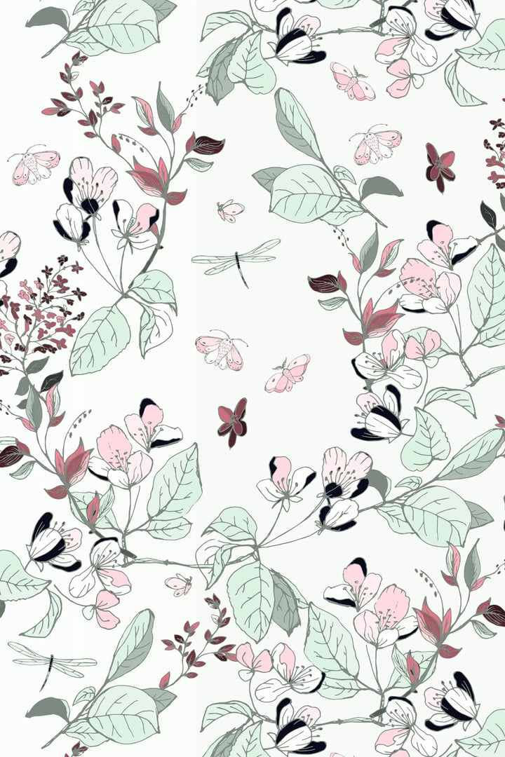 Apple flowers wallpaper with butterflies and dragonflies