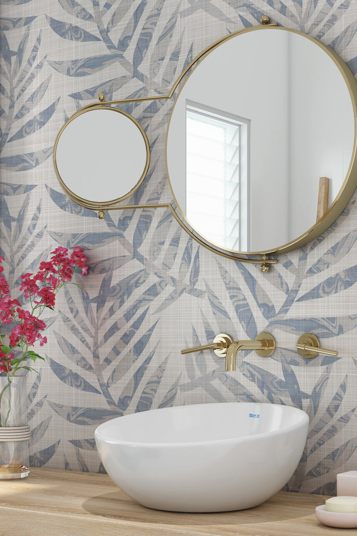 Blue Palm Crosshatch Wallpaper – Coastal Botanical Print