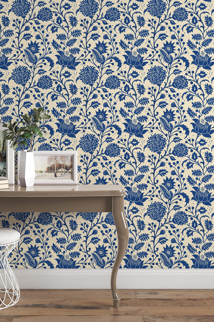 Blue Meadow Folk Floral — Scandinavian Botanical Wallpaper #3728