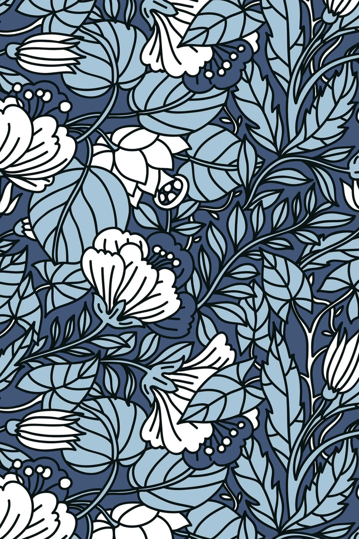 Blue and White Abstract Buds Floral Pattern Wallpaper