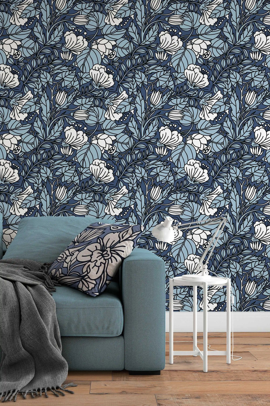 Blue and White Abstract Buds Floral Pattern Wallpaper