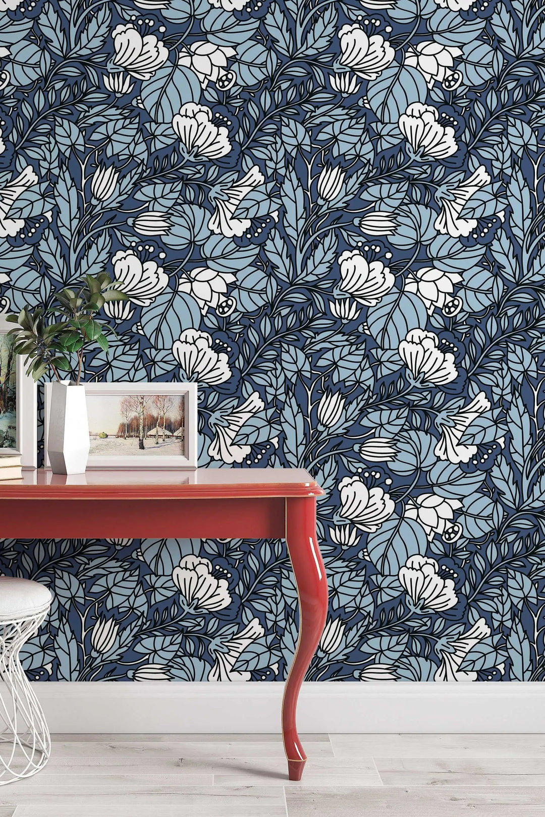 Blue and White Abstract Buds Floral Pattern Wallpaper