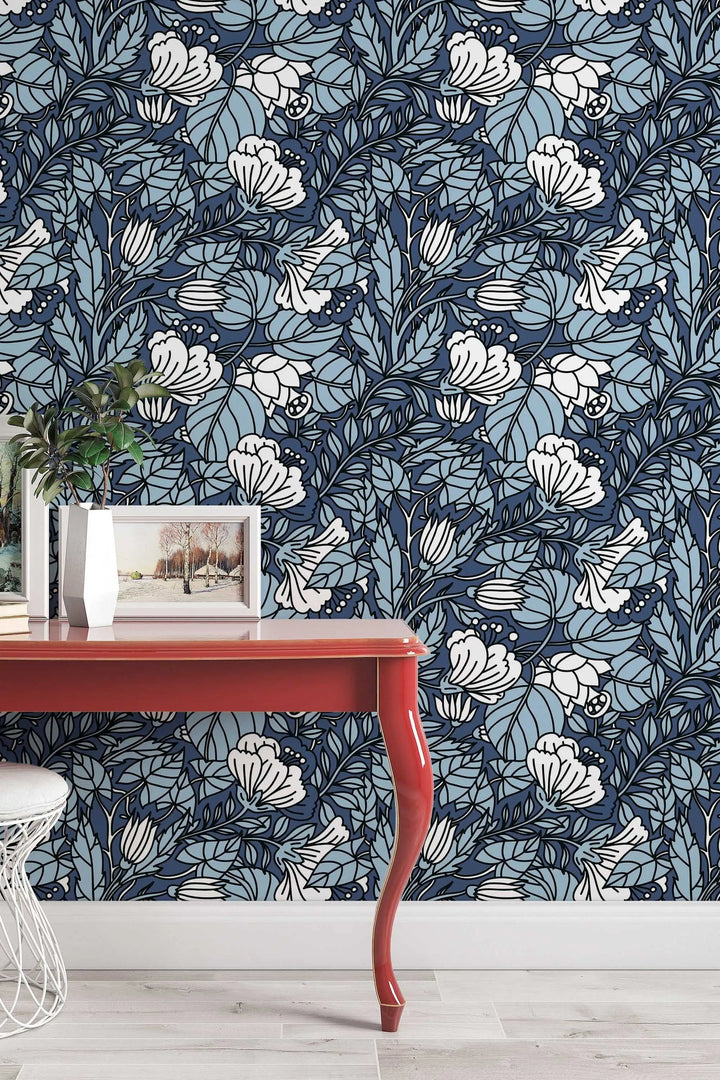 Blue and White Abstract Buds Floral Pattern Wallpaper