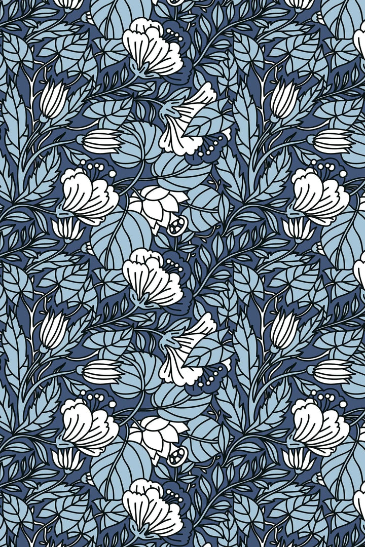 Blue and White Abstract Buds Floral Pattern Wallpaper