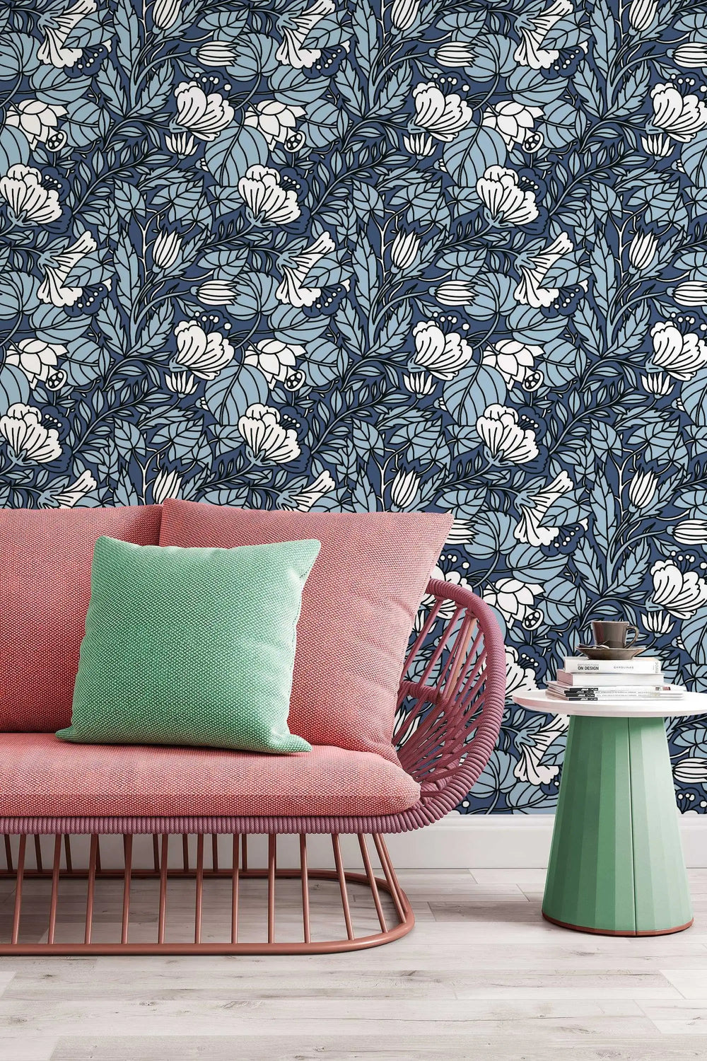 Blue and White Abstract Buds Floral Pattern Wallpaper