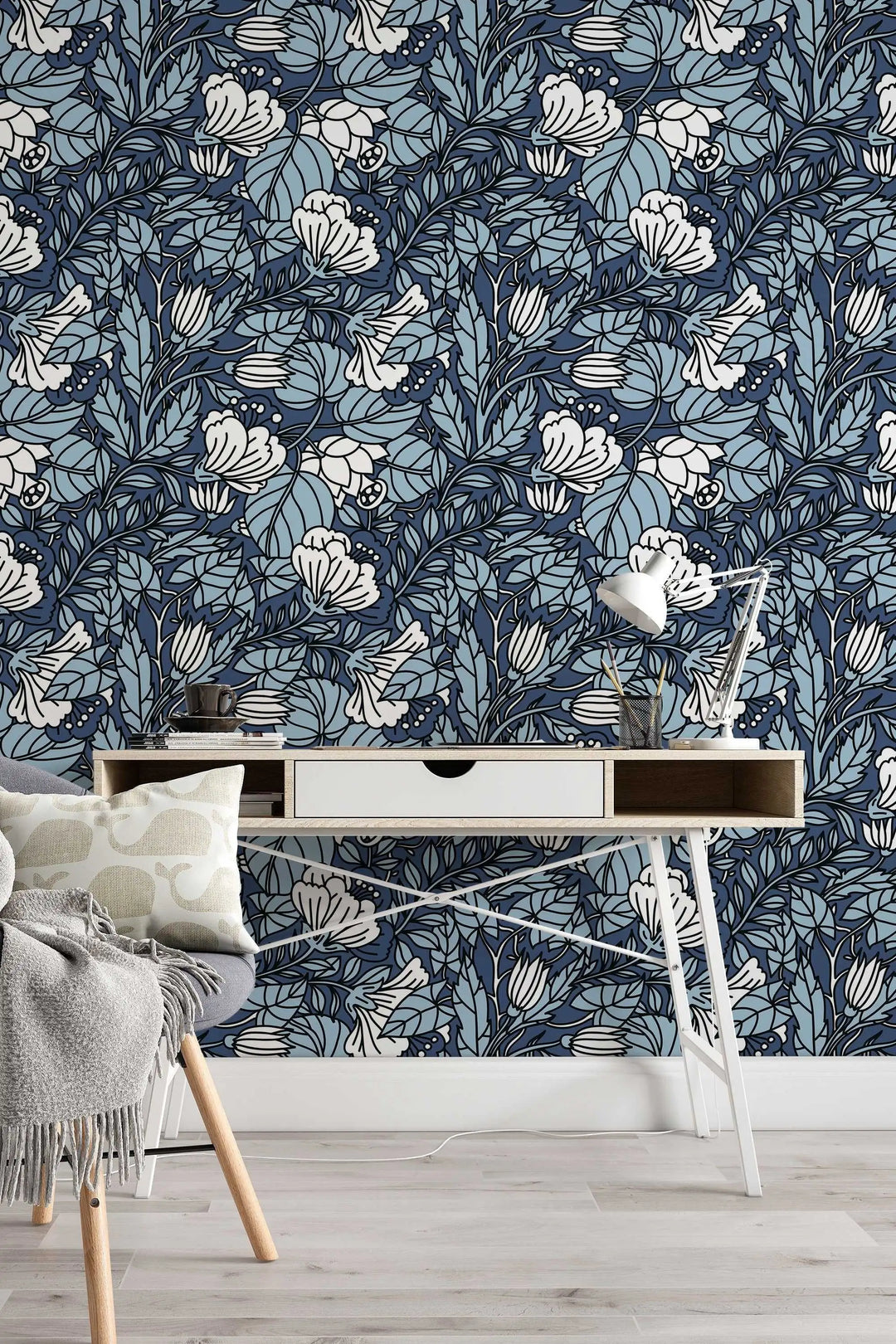 Blue and White Abstract Buds Floral Pattern Wallpaper