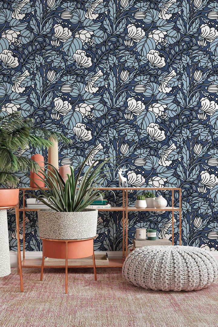 Blue and White Abstract Buds Floral Pattern Wallpaper