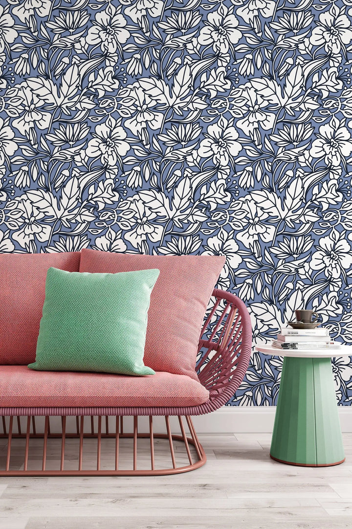 Blue buds floral pattern self adhesive wallpaper for room