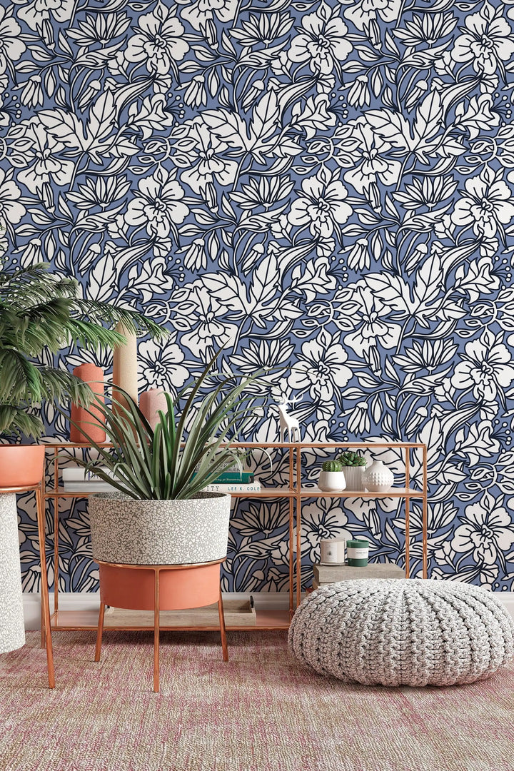 Blue buds floral pattern self adhesive wallpaper for room