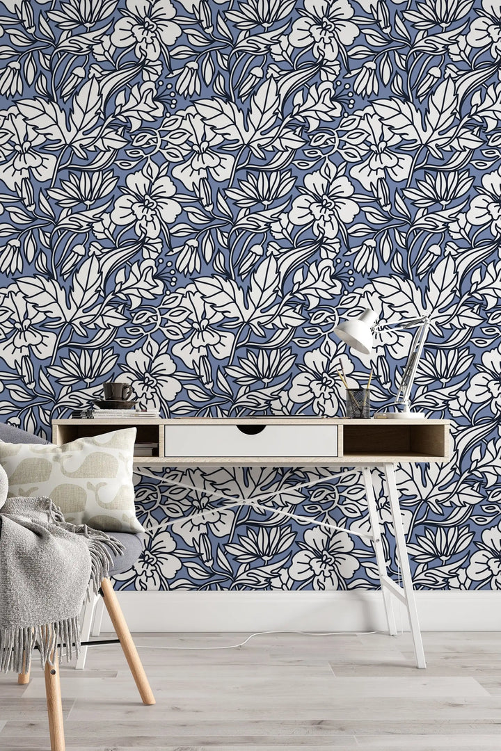 Blue buds floral pattern self adhesive wallpaper for room