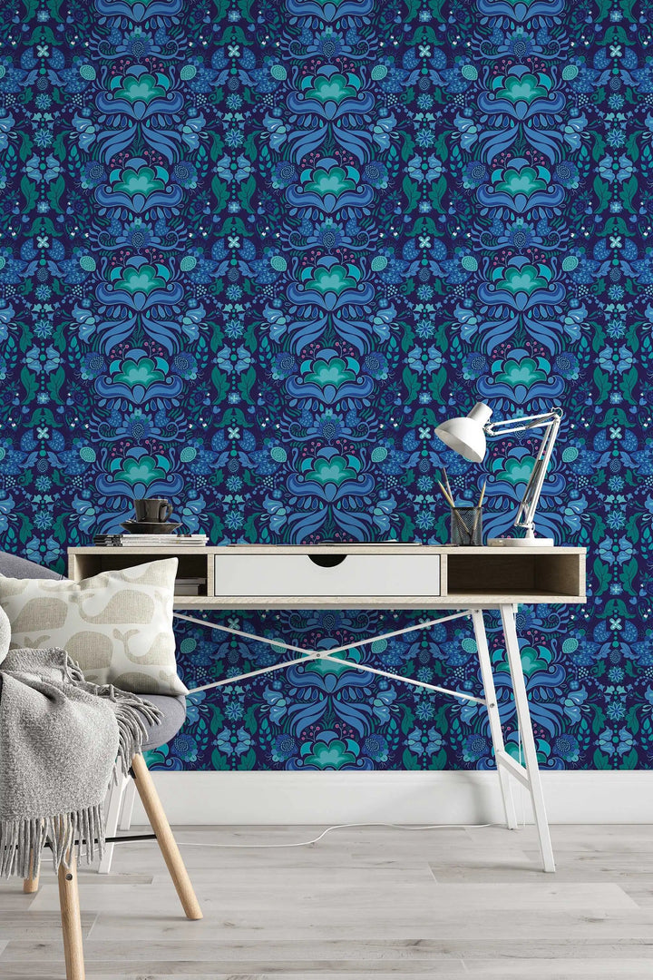 Blue Indian pattern wallpaper Peel and Stick #3236 - 2334