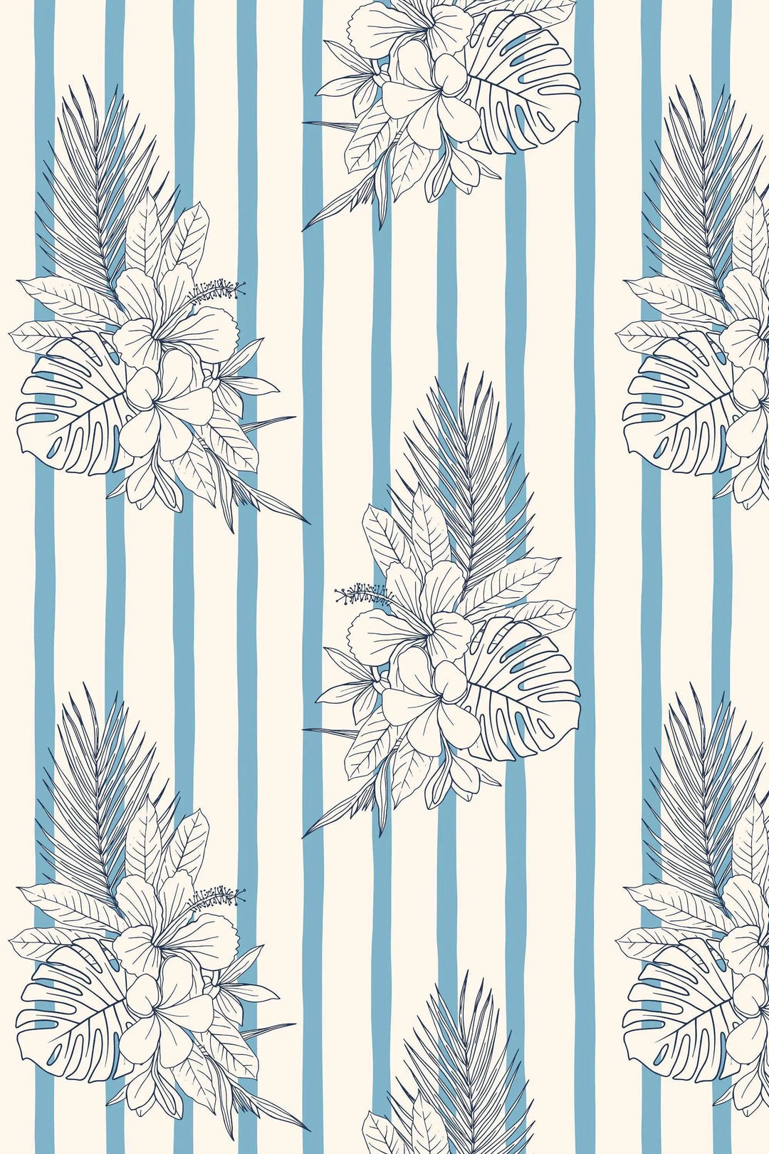 Bouquets of Flowers on Vertical Stripes Pattern Blue