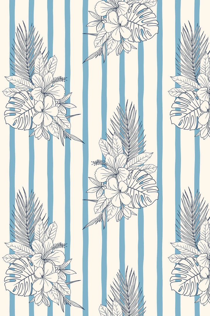 Bouquets of Flowers on Vertical Stripes Pattern Blue